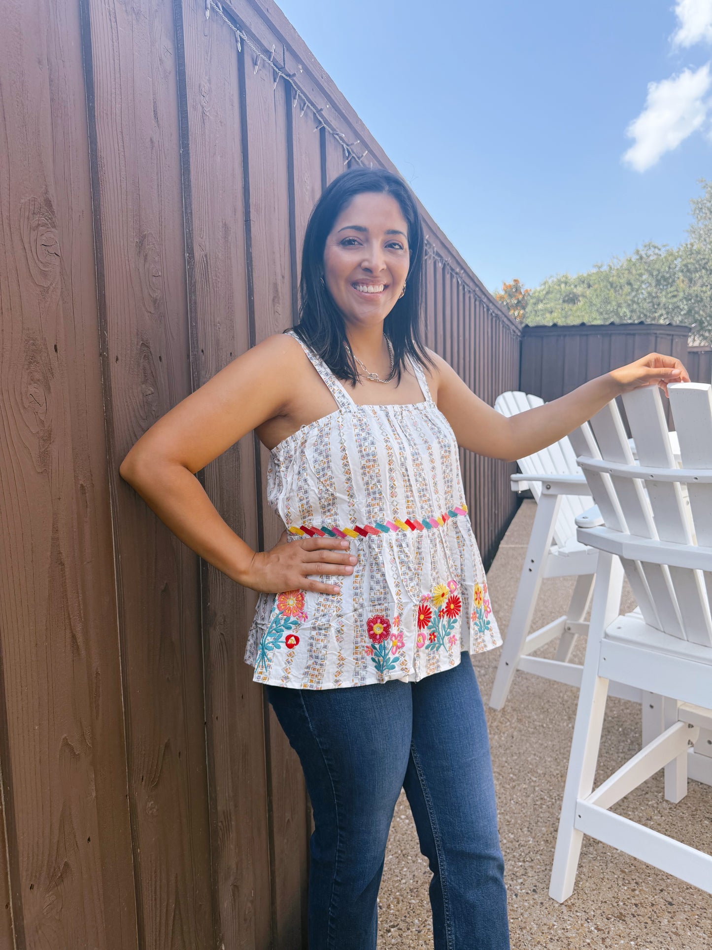 Striped Sleeveless Embroidered Top
