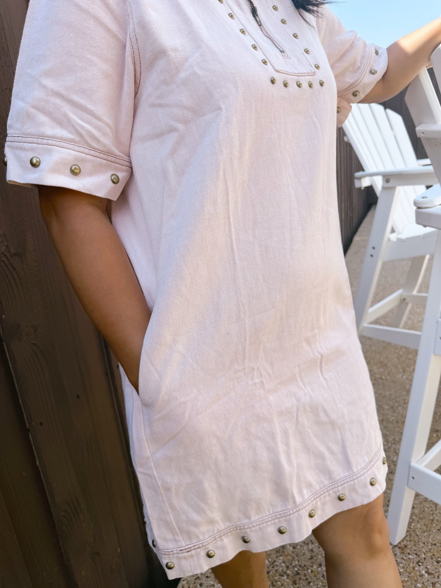Short Sleeve 1/2 Zip Studded Washed Mini Dress