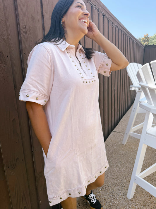 Short Sleeve 1/2 Zip Studded Washed Mini Dress