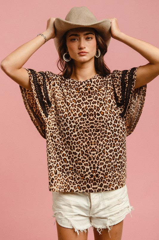 Leopard Crochet Trim Short Sleeve Top