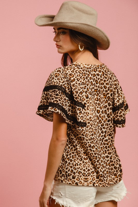 Leopard Crochet Trim Short Sleeve Top
