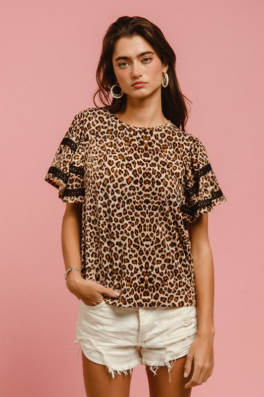 Leopard Crochet Trim Short Sleeve Top