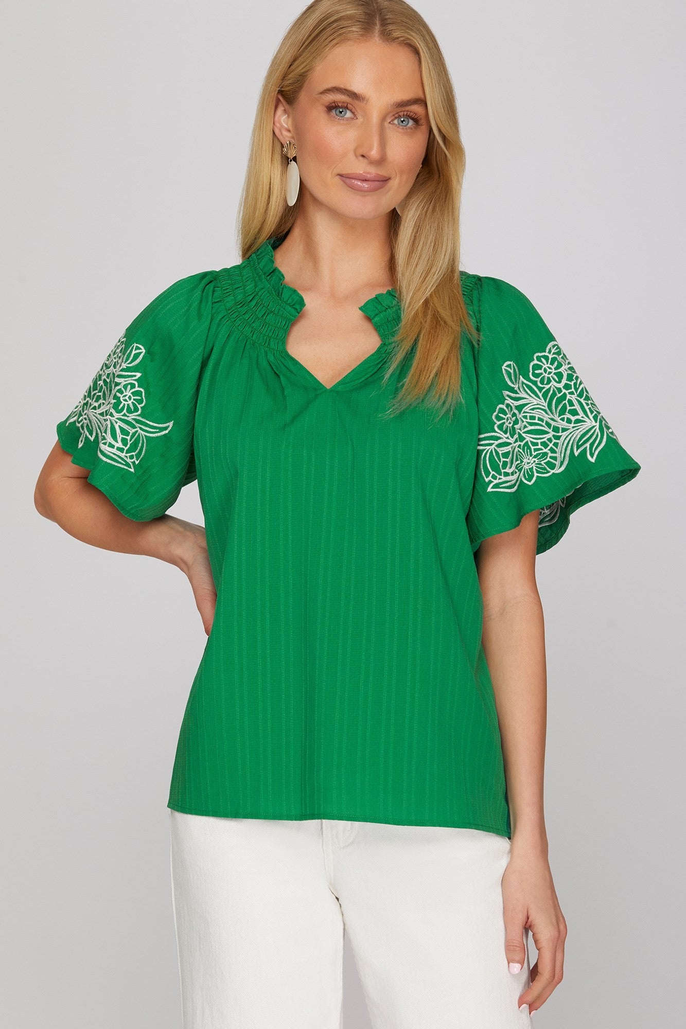 Short Sleeve Green Embroidered Top