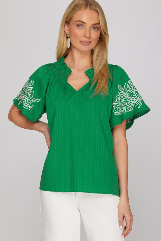 Short Sleeve Green Embroidered Top