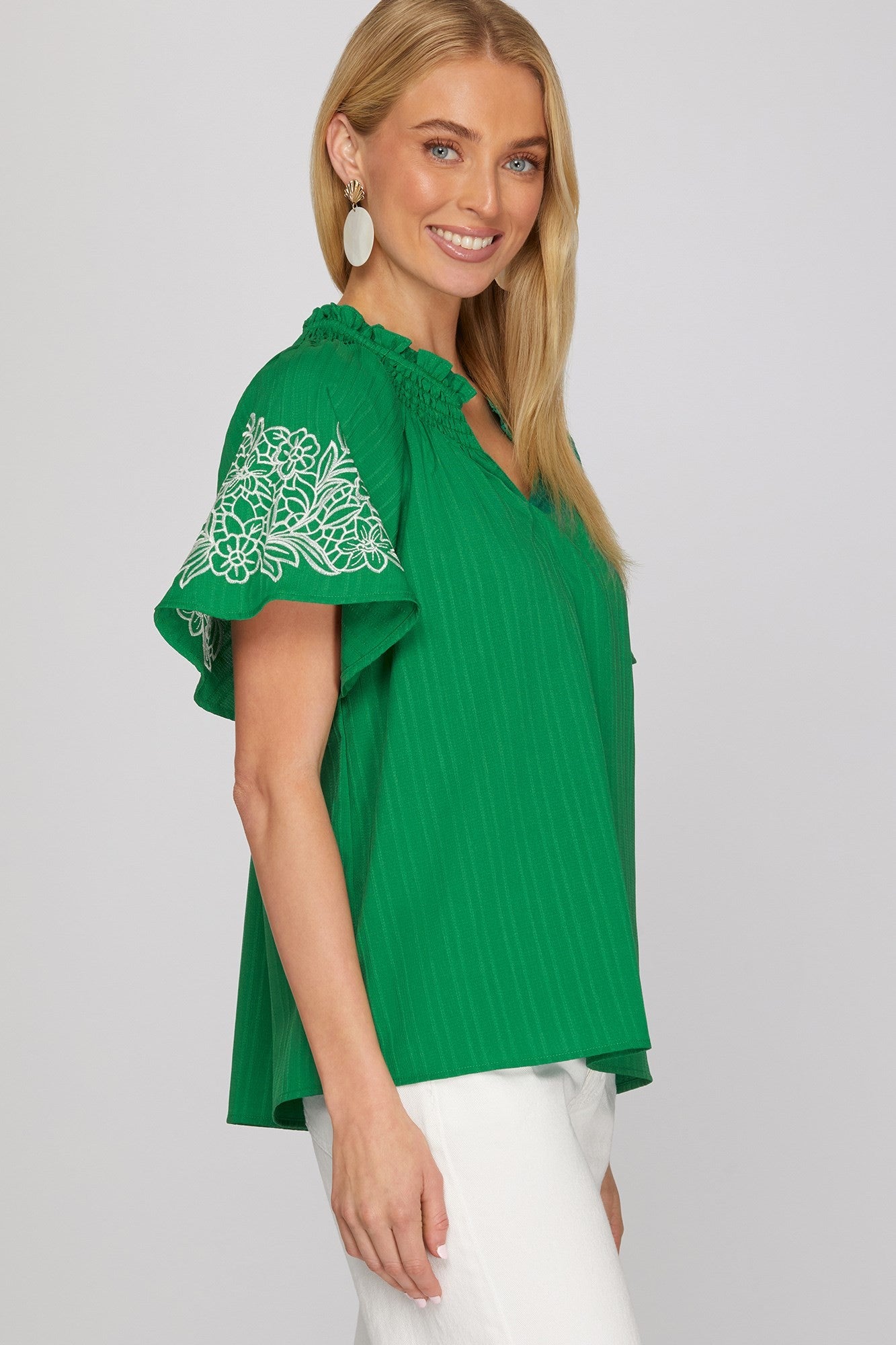 Short Sleeve Green Embroidered Top
